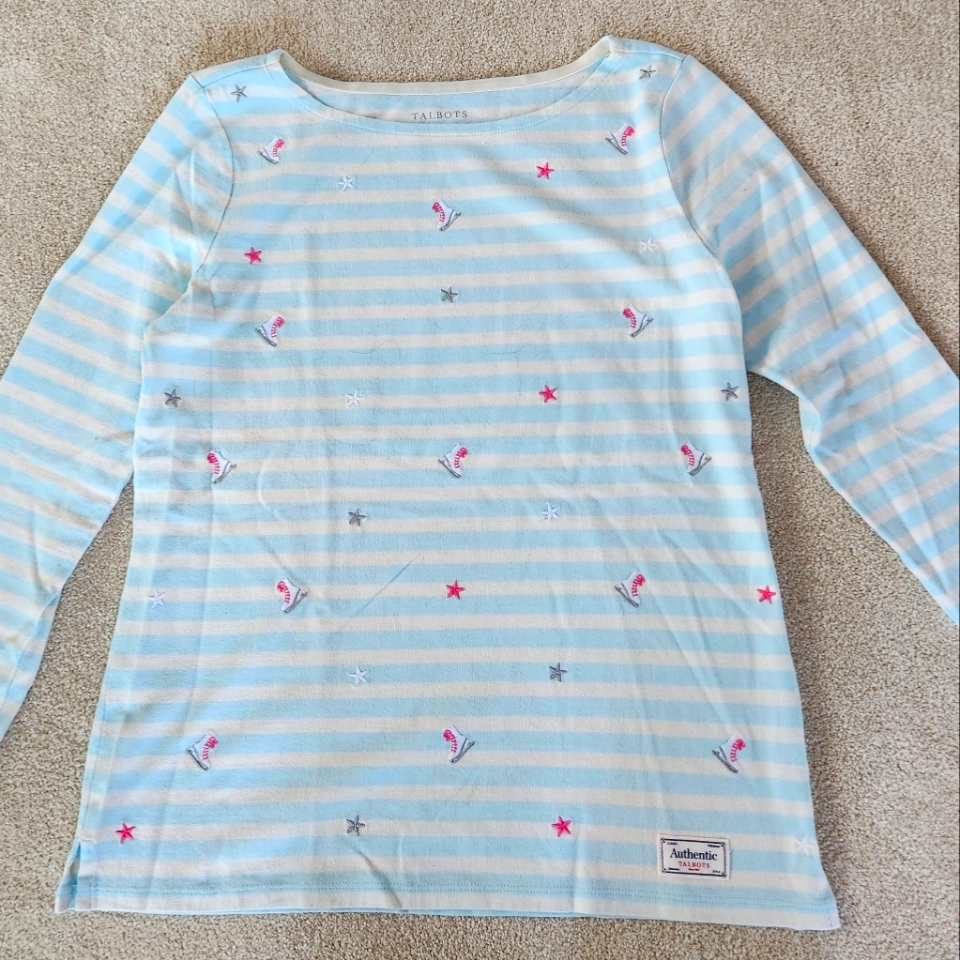 Talbots Authentic Cotton Long-Sleeved Tshirt Blue/Ivory Stripe Size S